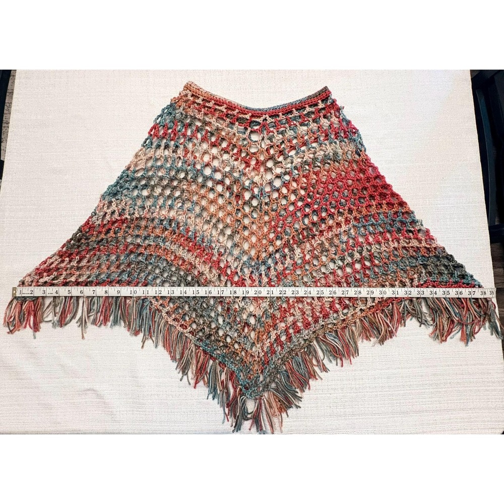Handmade Crochet Poncho with Fringe | Boho Multicolor Poncho | One of a Kind - Picture 10 of 16